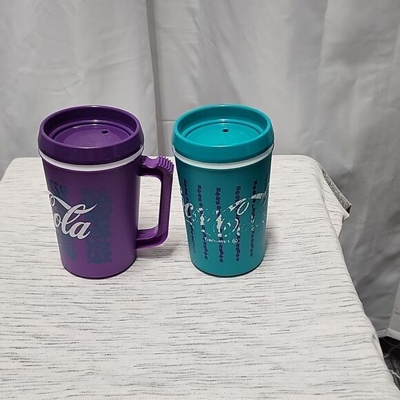 2 Rare Vintage Coke Coca-Cola Teal and Purple Travel Mug Thermal 90's  - Picture 2 of 4
